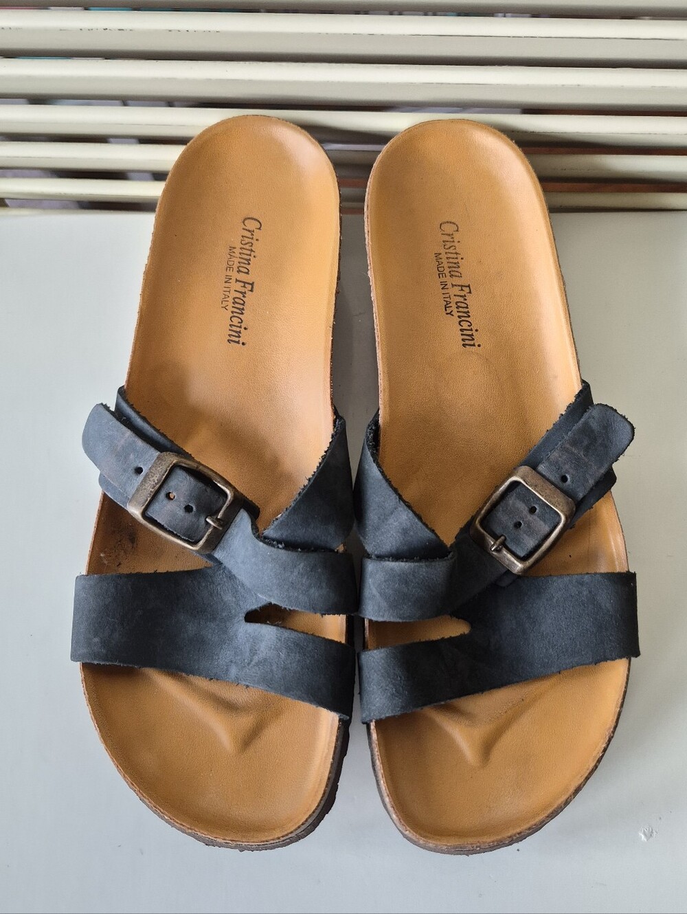 NWOB Cristina Francini Women's Navy Blue Leather Cork Wedge Sandals Size 7.5 M